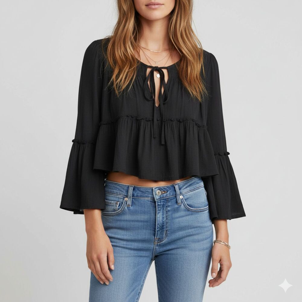 Free People Gray Cropped Long Bell Sleeve Casual Boho Top Blouse Womens S